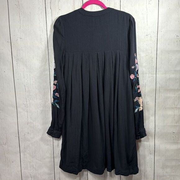 Free People Mia Gauze Floral Embroidered Boho Pockets V Neck Black Mini Dress - Picture 14 of 16